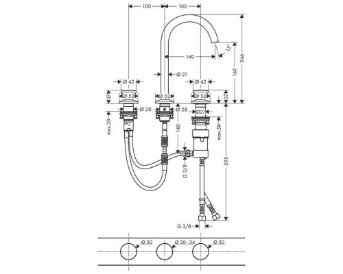 Axor One Смеситель для раковины Sel 170, на 3 отв., круглая ручка, с донным клапаном Push-Open, цвет: полированное золото. 48070990