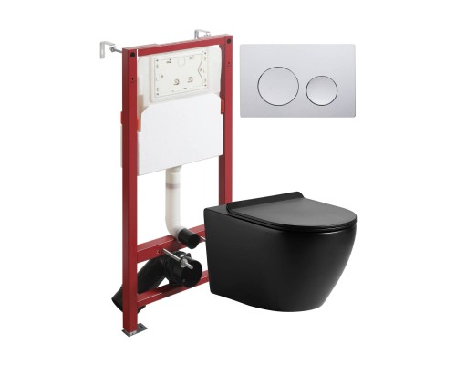 Комплект Agger ATI03144+APB100 Унитаз подвесной безободковый, с микролифтом, матовый черный + Система инсталляции + Кнопка смыва хром