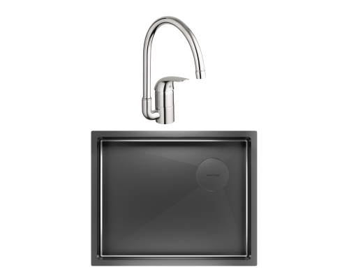 Комплект Мойка Paulmark Next-Skew PM885444-GM вороненая сталь + Смеситель Grohe Euroeco