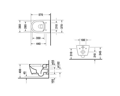Duravit Me by Starck Унитаз 57х37см., подвесной, Rimless, Durafix, WonderGliss, цвет: белый. 25290900001