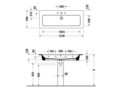 Duravit ME by Starck Раковина подвесная 123х49см, с площадкой, с 1 отв., по центру, цвет: белый. 2361120000