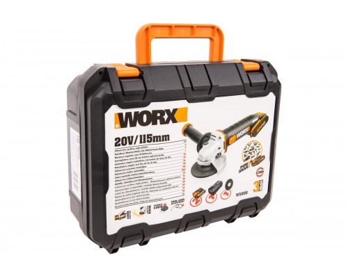 Угловая шлифмашина аккумуляторная WORX WX800,20В, 115 мм, 2*2,0Ач, кейс