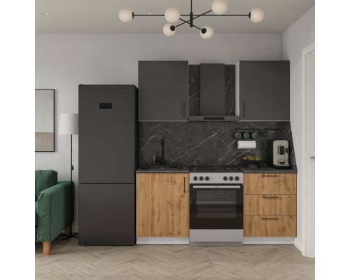 Кухонный гарнитур Domaci Болонья 180 см, фасад дуб вотан, графит, ручка черная, столешница луна KUH-709666