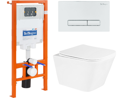 Комплект Унитаз подвесной BelBagno Due BB3103CHR/SC безободковый, с микролифтом, инсталляция BB002-80 с кнопкой BB018-GV-BIANCO