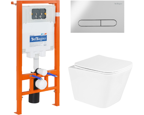 Комплект Унитаз подвесной BelBagno Due BB3103CHR/SC безободковый, с микролифтом, инсталляция BB002-80 с кнопкой BB005-PR-CHROME