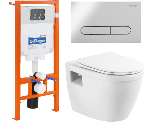 Комплект Унитаз подвесной BelBagno Loto BB070CHR/SC безободковый, с микролифтом, инсталляция BB002-80 с кнопкой BB005-PR-CHROME