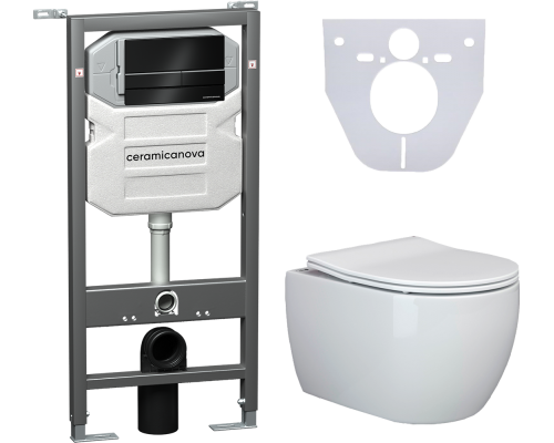 Комплект Унитаз подвесной Ceramicanova Play CN3001 безободковый, с микролифтом + Инсталляция Envision CN1002B + Кнопка Flat, черная матовая
