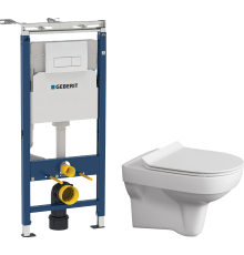 Комплект Унитаз подвесной Cersanit City Clean On DPL EO slim + Инсталляция Geberit Duofix Платтенбау 458.125.11.1 4 в 1 с кнопкой смыва, белая