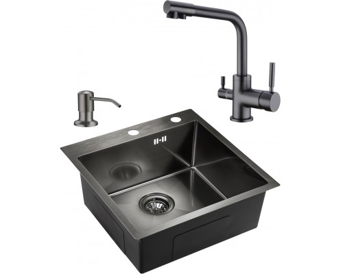 Комплект  Мойка кухонная Domaci Равенна PVD DMB-117A черная, металлическая, квадратная, встраиваемая, российская + Дозатор для кухонной мойки Domaci Р