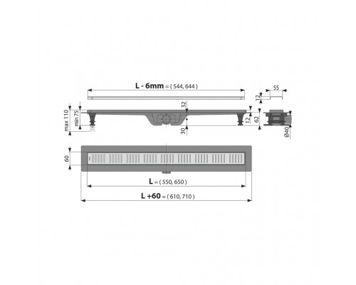 Водоотводящий желоб AlcaPlast с порогами для перфорированной решетки APZ10 650 мм (APZ10-650M)