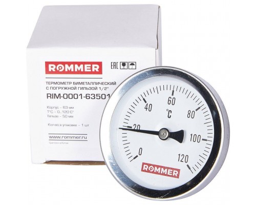 Термометр биметаллический ROMMER 63 мм 120 градусов с погружной гильзой 50 мм 1/2 (RIM-0001-635015) Термометр биметаллический ROMMER 63 мм 120 градусов с погружной гильзой 50 мм 1/2 (RIM-0001-635015)
