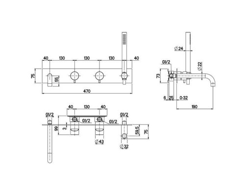 QuadroDesign Source Смеситель для ванны, встраиваемый,  на 2 потребителя с изливом и ручным душем, цвет: brushed stainless steel. 1369.00AS