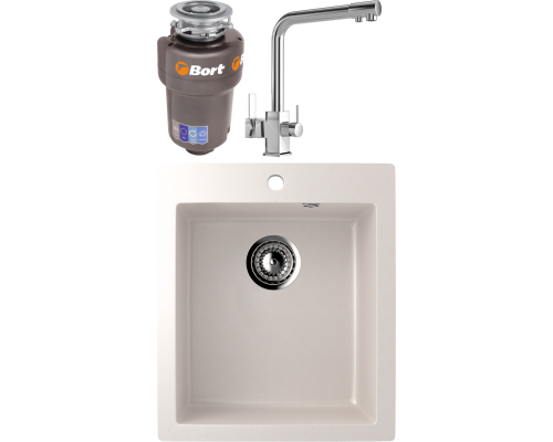 Комплект Мойка кухонная Ulgran U-404 -331 белая + Смеситель MEGA Life MG-TK06 хром + Измельчитель Bort Titan 5000
