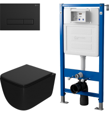 Комплект Унитаз подвесной Point Меркурий PN41831BM черный матовый, безободковый, с микролифтом + Инсталляция PN45122 с контейнером для гигиенических таблеток + Кнопка PN44831BM черная матовая