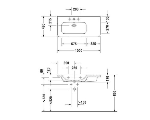 Duravit DuraStyle Раковина 100х48 см, без отв., с переливом, цвет: белый. 2325100060
