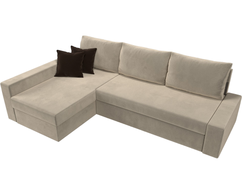 Угловой диван Лига Диванов Версаль L микровельвет бежевый, декоративные подушки коричневые