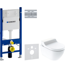 Комплект Унитаз подвесной Geberit AquaClean Tuma Comfort 146.294.SI.1 вставка белое стекло + Инсталляция Duofix Delta 458.149.21.1 с кнопкой смыва, хром + Шумоизоляция 156.050.00.1