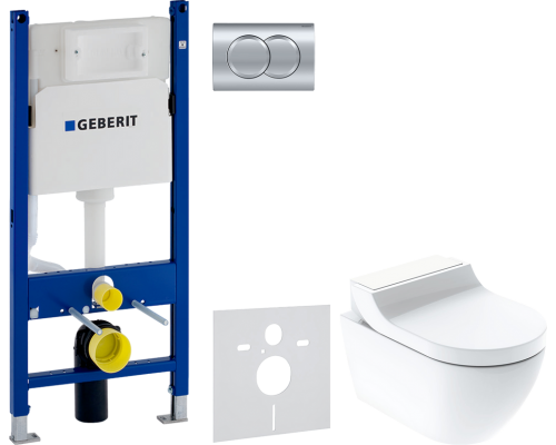 Комплект Унитаз подвесной Geberit AquaClean Tuma Comfort 146.294.SI.1 вставка белое стекло + Инсталляция Duofix Delta 458.149.21.1 с кнопкой смыва, хром + Шумоизоляция 156.050.00.1