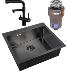 Комплект Мойка кухонная Zorg Inox PVD 5951 grafit + Смеситель Sanitary SZR-3216 Grafit графит + Измельчитель Bort Titan Max Power