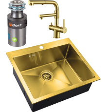 Комплект Мойка кухонная Zorg Inox PVD Inox Pvd SZR-5951 bronze + Смеситель Sanitary SZR-3216 Bronze бронза + Измельчитель Bort Titan 4000 Control