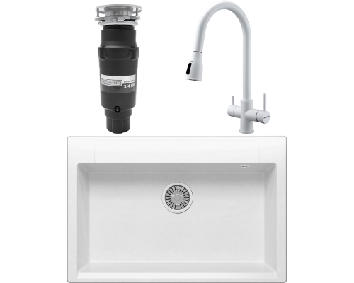 Комплект Мойка кухонная Polygran Argo 760 белый хлопок + Смеситель Paulmark Lange 214212-431 белый матовый + Измельчитель Bone Crusher BC 910-SL-Slim Line
