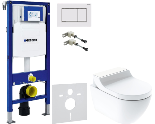 Комплект Унитаз подвесной Geberit AquaClean Tuma Comfort 146.294.SI.1 вставка белое стекло + Крепления Duofix 111.815.00.1 к стене + Шумоизоляция 156.050.00.1 + Инсталляция UP 320 111.300.00.5 + Кнопка Sigma 30 115.883.JT.1 белая матовая, хром глянцевый