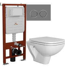 Комплект Унитаз подвесной VitrA Berg 5507B003-6280 с микролифтом + Инсталляция Bauedge Ideal E458103 + Кнопка Round серый металлик