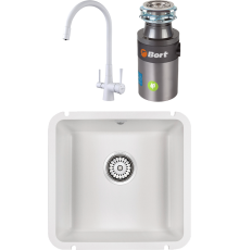 Комплект Мойка кухонная Paulmark Unter 50 PM204543-WH белая + Смеситель Lemark Comfort LM3075W с гибким изливом, белый + Измельчитель Bort Titan 4000 Plus