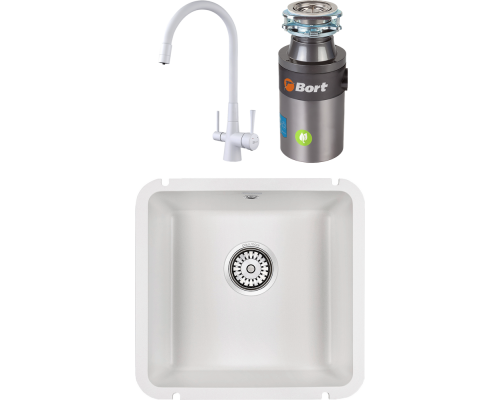 Комплект Мойка кухонная Paulmark Unter 50 PM204543-WH белая + Смеситель Lemark Comfort LM3075W с гибким изливом, белый + Измельчитель Bort Titan 4000 Plus