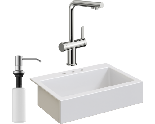 Комплект Мойка кухонная Domaci Сиена 50186-101 с 3 отверстиями, белый глянец + Смеситель STWORKI 23020-648/1BG-IG11 + Дозатор Равенна 401 сатин