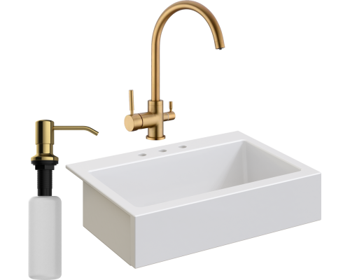 Комплект Мойка кухонная Domaci Сиена 50186-101 с 3 отверстиями, белый глянец + Смеситель Равенна DCB 3007 золото + Дозатор 401 золото