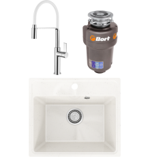 Комплект Мойка кухонная Practik PR-M 490-001 белый камень + Смеситель Rush MS9035-35White белый, с гибким изливом + Измельчитель Bort Titan 5000