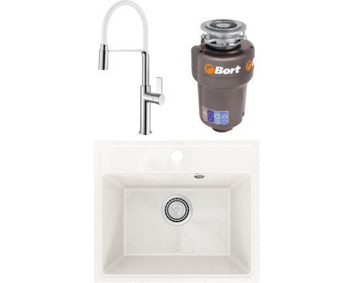 Комплект Мойка кухонная Practik PR-M 490-001 белый камень + Смеситель Rush MS9035-35White белый, с гибким изливом + Измельчитель Bort Titan 5000