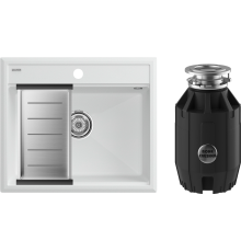 Комплект Мойка кухонная Paulmark Stepia PM115951-WH+A375-BS с коландером, белая + Измельчитель Bone Crusher BC 910-AS