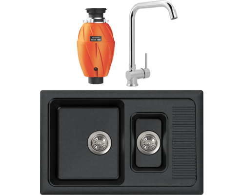 Комплект Мойка кухонная FOSTO КМ 77-49 графит + Смеситель MEGA Didim MG-CM107 хром + Измельчитель Omoikiri Nagare 1000