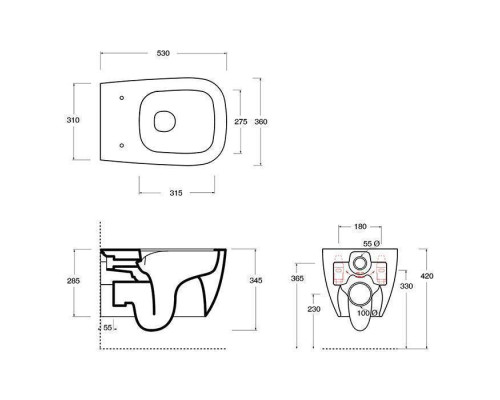 Alice Wunder Унитаз 53х31см., подвесной, безободковый, смыв aliflush+, с сиденьем и крышкой с микролифтом, с креплением Fischer WB-KliX, цвет: чёрный матовый. 45000108SET