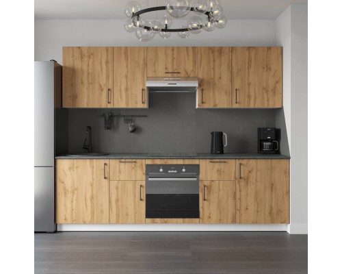 Кухонный гарнитур Domaci Болонья 260 см, фасад дуб вотан, ручка черная, столешница луна KUH-1008843