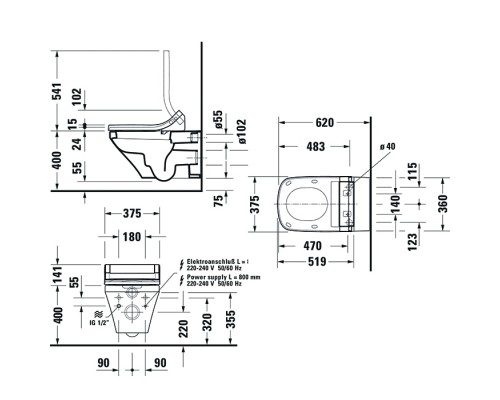 Duravit DuraStyle Унитаз подвесной 62х37см., для крышки-биде Sensowash, с креплением, цвет: белый. 2537590000