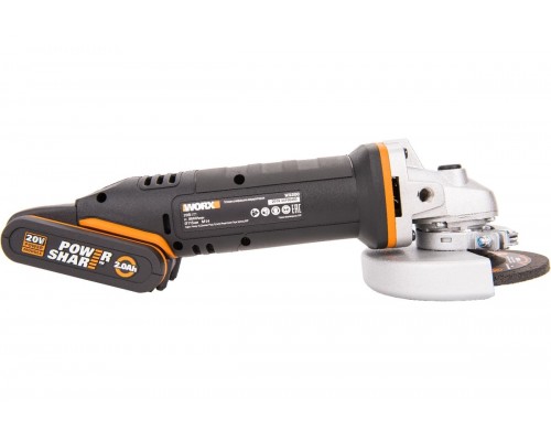 Угловая шлифмашина аккумуляторная WORX WX800,20В, 115 мм, 2*2,0Ач, кейс