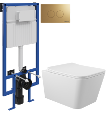 Комплект Унитаз подвесной Aqueduto Macio MAC0120 безободковый, с микролифтом, белый матовый + Инсталляция STWORKI 510162 + Кнопка Хельсинки 500474 золотая матовая