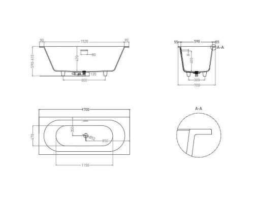 Salini Ornella Axis Ванна 170x70см., встраиваемая, S-Sense, цвет: белый матовый. 104713M