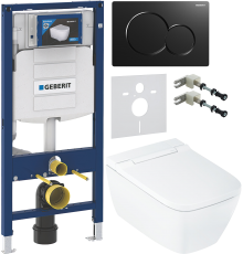 Комплект Умный подвесной Geberit AquaClean Sela Square безободковый, с биде, белый + Инсталляция Duofix UP 320 111.300.00.5 + Кнопка Sigma 01 115.770.DW.5 черная + Звукоизоляция 156.050.00.1 + Крепления 111.815.00.1 к стене