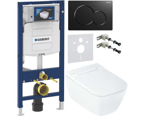 Комплект Умный подвесной Geberit AquaClean Sela Square безободковый, с биде, белый + Инсталляция Duofix UP 320 111.300.00.5 + Кнопка Sigma 01 115.770.DW.5 черная + Звукоизоляция 156.050.00.1 + Крепления 111.815.00.1 к стене