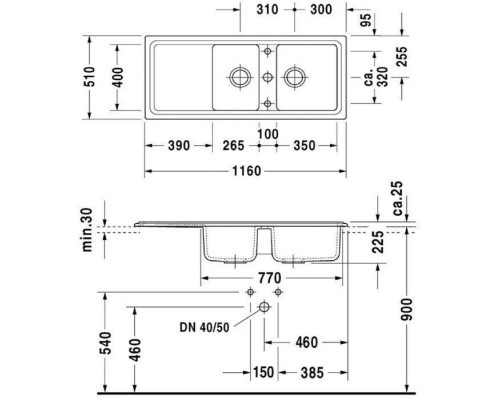 Duravit Cassia Мойка кухонная 116x51см., 1 отв., встраиваемая, цвет: антрацит матовый. 7513111300