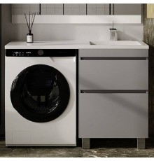 Тумба с раковиной Style Line Даллас Леон 120 R Люкс Plus напольная, серая, для стиральной машины, 2 ящика