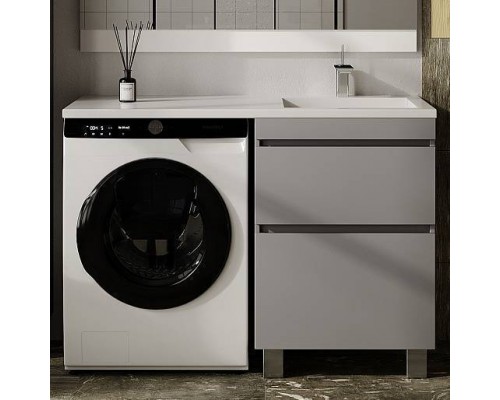 Тумба с раковиной Style Line Даллас Леон 120 R Люкс Plus напольная, серая, для стиральной машины, 2 ящика