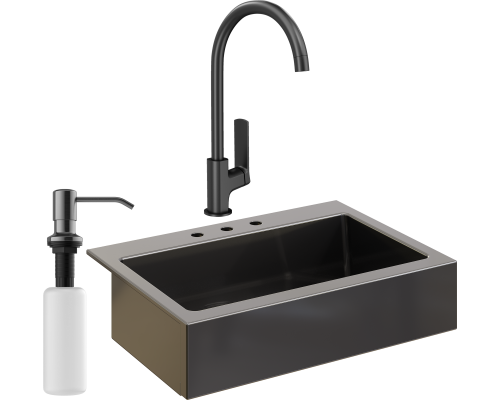 Комплект Мойка кухонная Domaci Сиена 50186-110 с 3 отверстиями, черная матовая + Смеситель STWORKI HWX5015-P01BK + Дозатор Равенна 401 черный