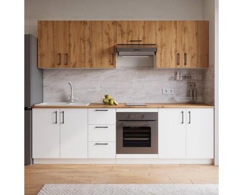 Кухонный гарнитур Domaci Болонья 260 см, фасад белый, дуб вотан, ручка черная, столешница дуб вотан KUH-1008812