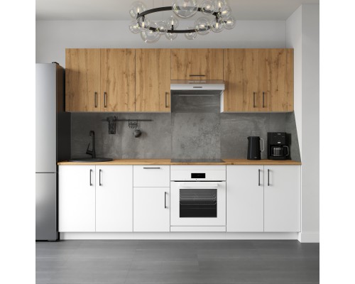 Кухонный гарнитур Domaci Болонья 260 см, фасад белый, дуб вотан, ручка черная, столешница дуб вотан KUH-1008804