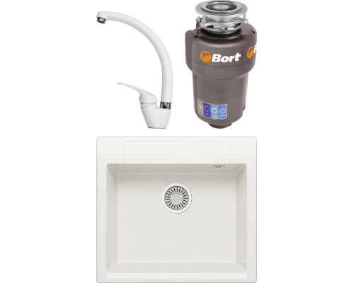 Комплект Мойка кухонная Polygran Argo 560 белый хлопок + Смеситель Domaci Солерно DC-3013 агат + Измельчитель Bort Titan Max Power